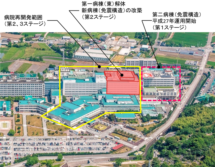 高知大学医学部附属病院の全景と新病棟の写真