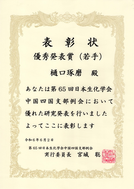 20240601-02 第65回日本生化学回中国四国支部例会 優秀発表賞(若手) 賞状.JPG